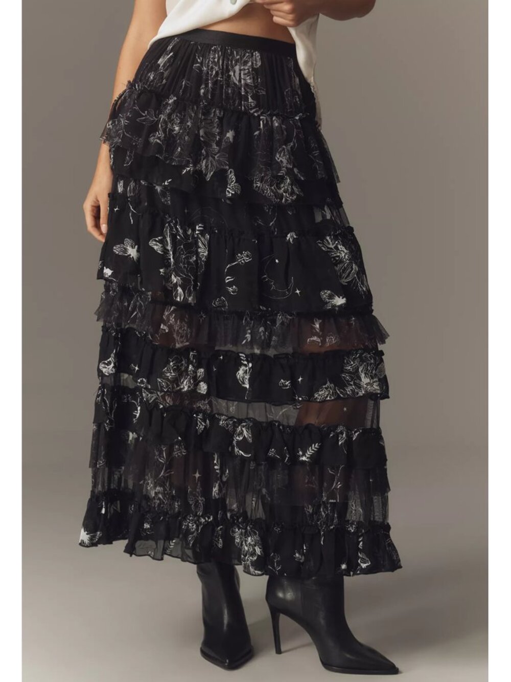 By Anthropologie Ruffled Tulle Petticoat Maxi Skirt Black Floral XL